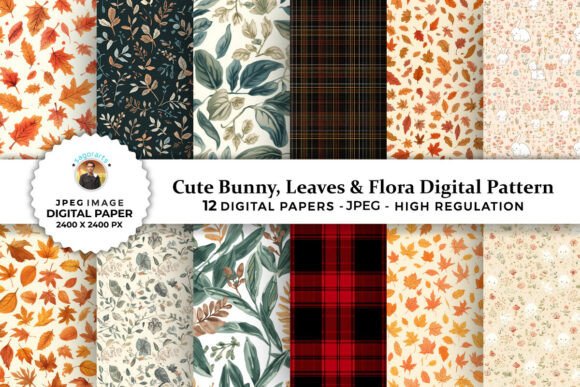 Cute Bunny, Leaves Floral Patterns